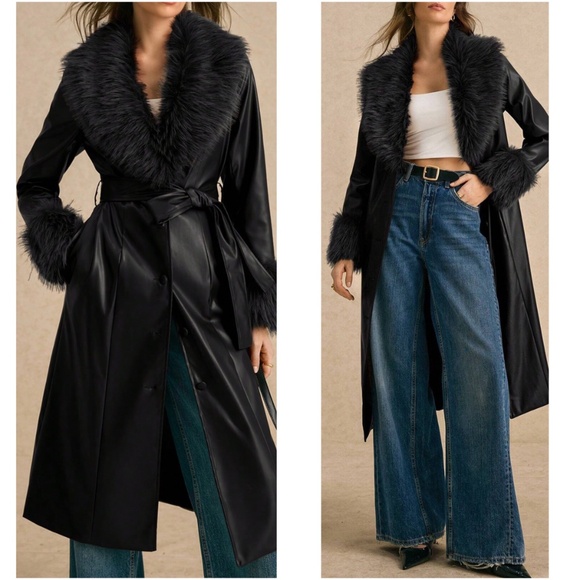 Luxe Vegan Fur Leather Pockets Button Down Jacket Coat - Picture 1 of 6